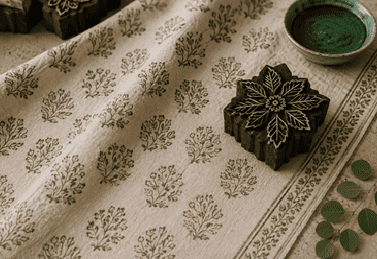 Block printing: carved wooden blocks and printed fabric