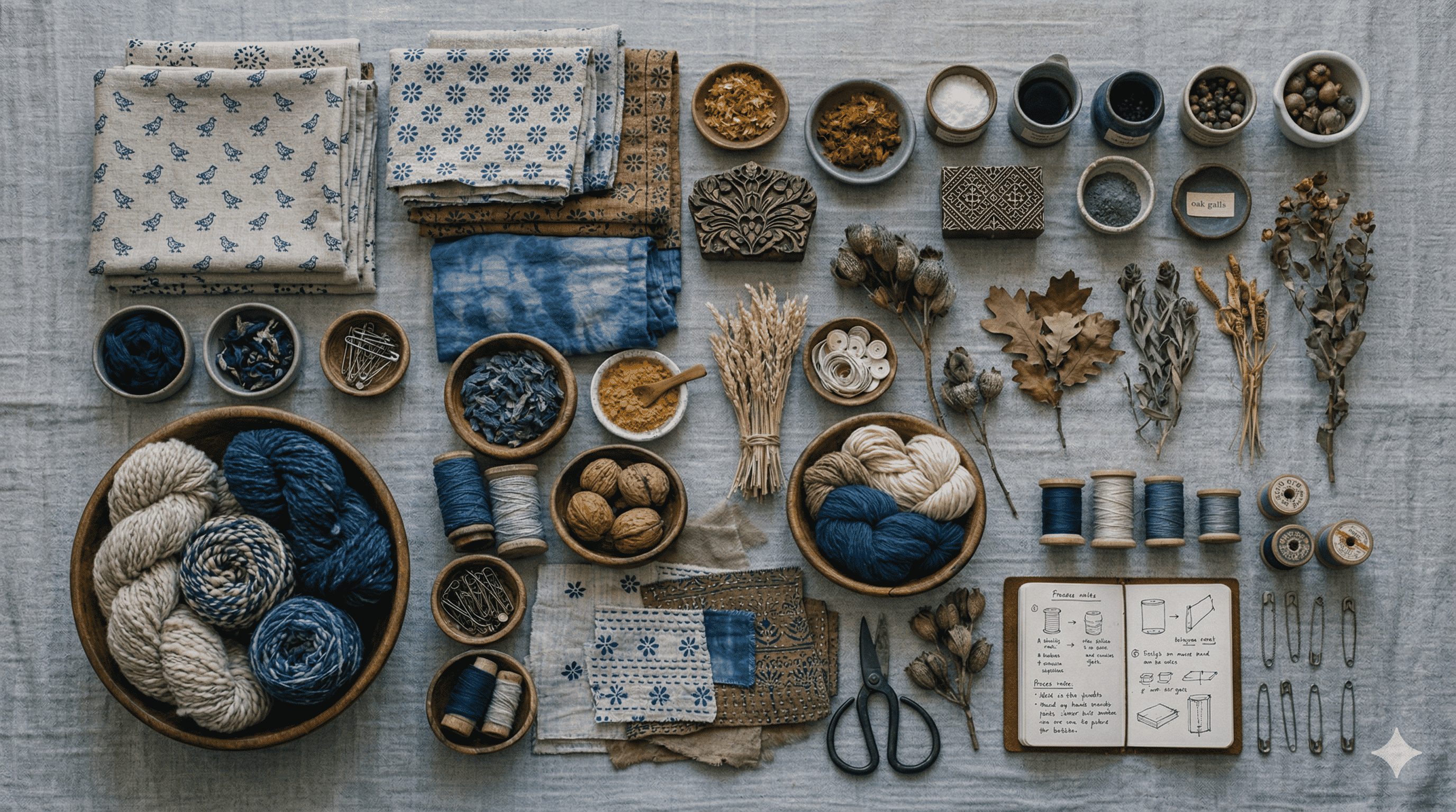 Natural dyes, wooden printing blocks, folded cloth, and craft tools arranged on linen